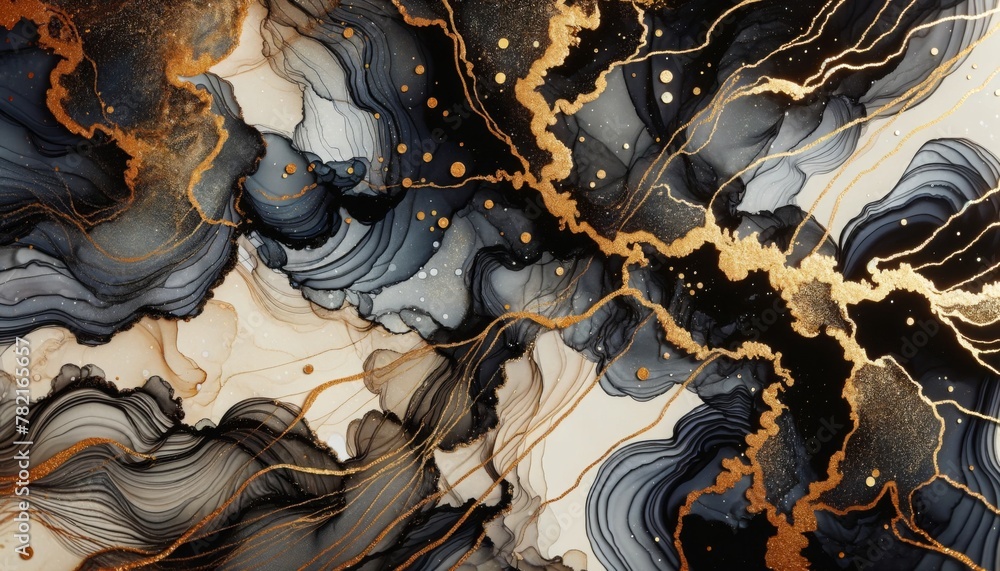 Black and white alcohol ink highlighted by gold glitter lines background.