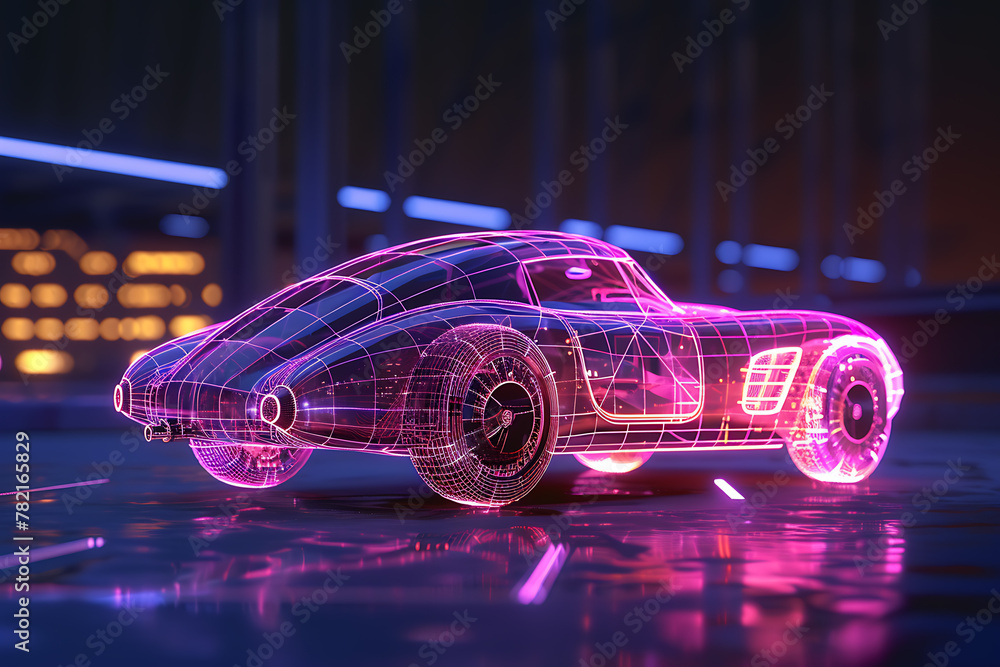 An eye-catching wireframe visualization with a glowing translucent background, featuring a sleek and modern car design.