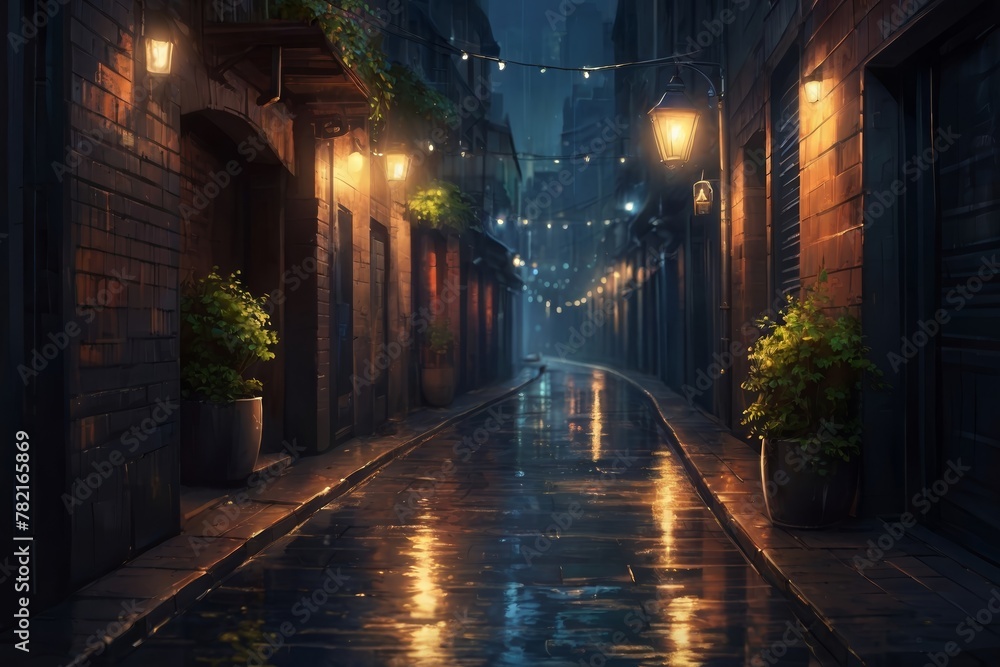 A dark alley in the city with wet ground