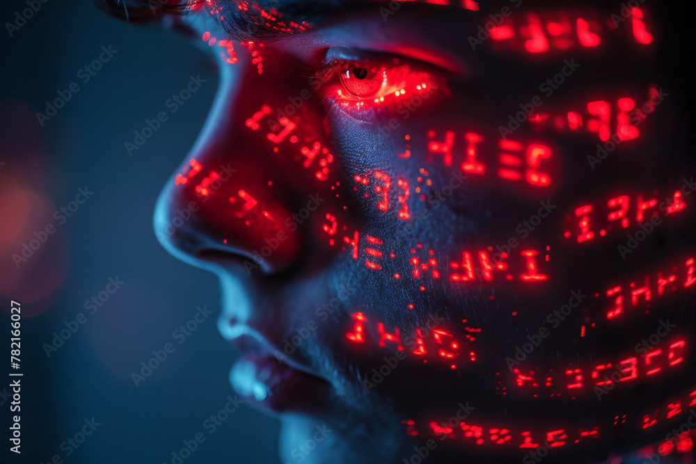Futuristic Portraits: Intense Gaze with Neon Code Reflections Futuristic Portraits: Intense Gaze with Neon Code Reflections