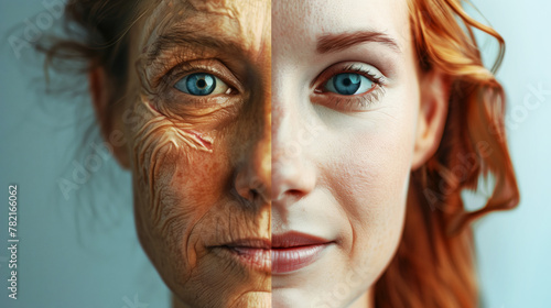 Split-face concept showing a young woman and an elderly woman in one image.