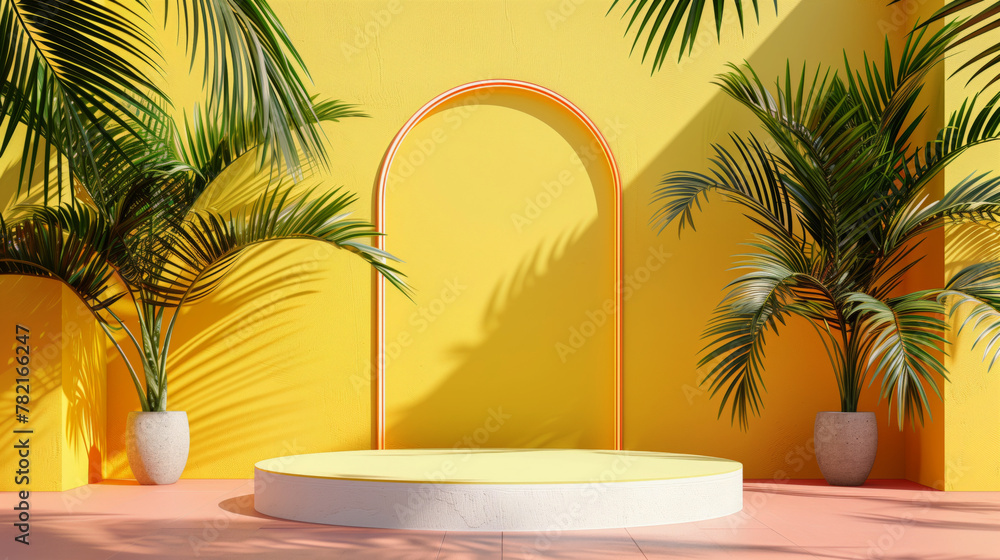 A vibrant tropical display with potted palm trees against a yellow wall. A vibrant tropical display with potted palm trees against a yellow wall.
