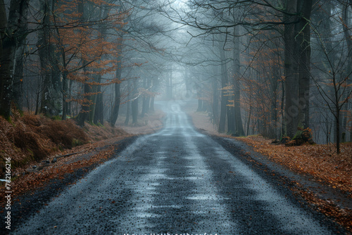 Mysterious Misty Forest Road in Autumn