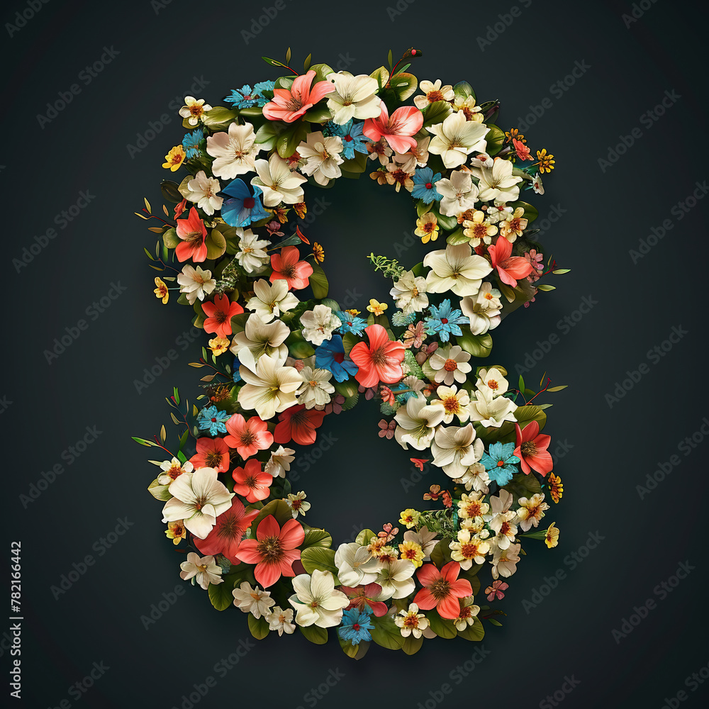 Beautiful floral alphabet isolated on black background. Letter 8. Floral font.