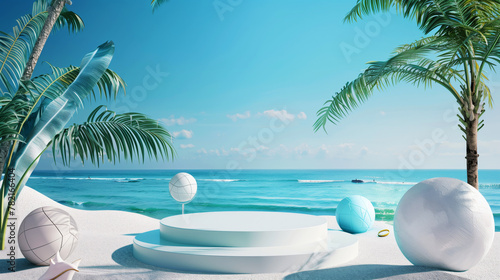 Surreal beach scene with oversized volleyballs and modern circular platforms