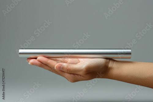 Modern Handheld Silver Metal Tube on Neutral Background