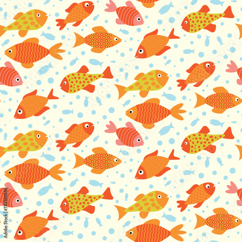 Colorful Bright Fish Seamless pattern with blue bubbles on white background. For swimwear , textile and fabric