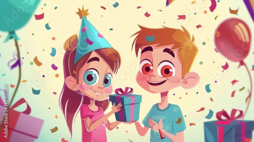 An invitation banner for kids birthday parties. In the background a little girl in a festive hat is holding a present surrounded by confetti and garlands. A children's celebration flyer with