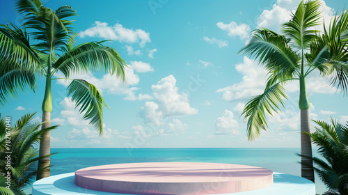 Tropical paradise scene with palm trees  ocean view  and a circular platform