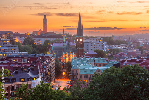 Scenic aerial view of Old Town with Oscar Fredrik Church at gorgeous sunset, Gothenburg, Sweden. photo