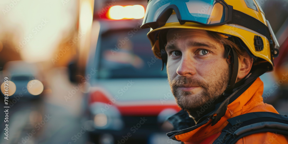 Brave Firefighter Portrait with Fire Truck in Background Brave Firefighter Portrait with Fire Truck in Background