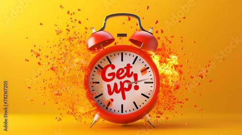 Fototapeta A red alarm clock with the words 'Get up!' on its face against a yellow background