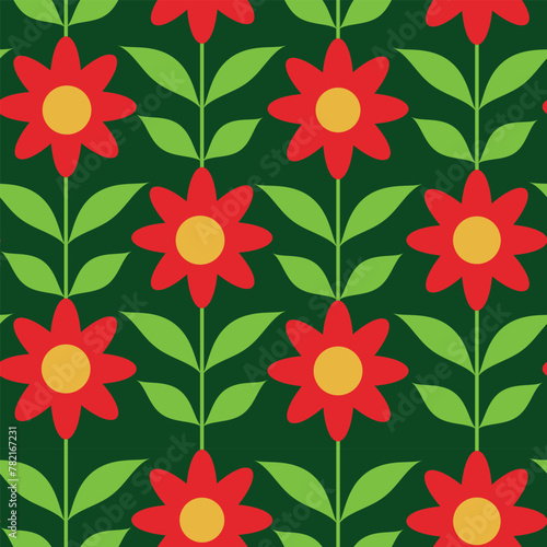 Retro Mod red flowers with green leaves seamless pattern on dark green background. For fabric, textile and home decor