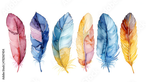 Hand-drawn watercolor feather set, generative Ai © Zoya