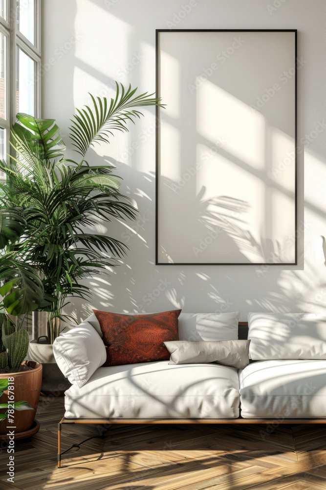 Photo frame mockup in clean, white living room bathed in natural light, showcasing minimalistic design aesthetic. Photo frame mockup in clean, white living room bathed in natural light, showcasing minimalistic design aesthetic.