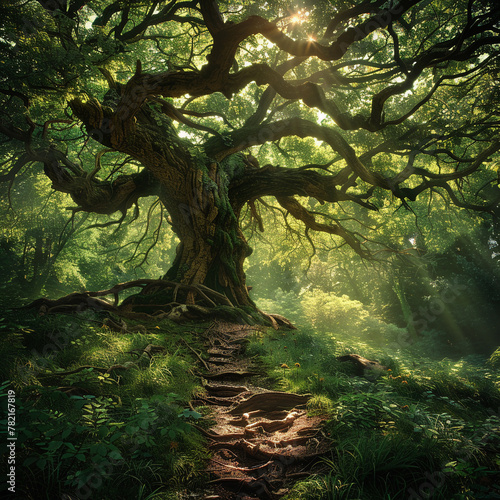 Ancient tree at the heart of a forest paths leading astray into realms unknown photo