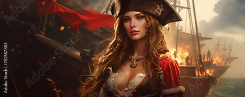 Beautiful pirate woman with burning ship in the background, panoramic view, generated ai