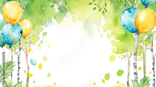Watercolor summer party frame, slender birches, blue, and yellow balloons, with copy space. Swedish student banner.