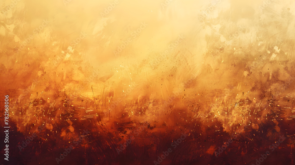 An atmospheric landscape with swirling smoke, amber flames, and a fiery horizon