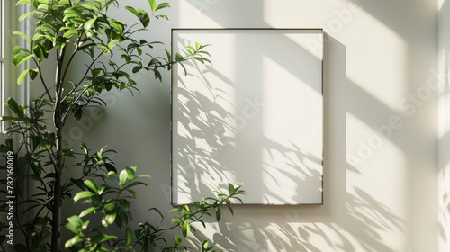 Harmoniously blending nature and design through the delicate shadow of leaves cast over a blank frame on a white wall.