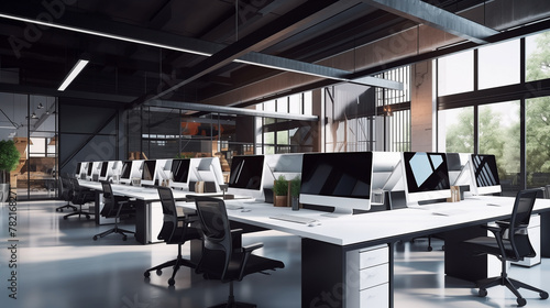 Modern office room boasted an empty interior with sleek desk and chair design, ideal for conducting business indoors, including a desk and table with nobody present.