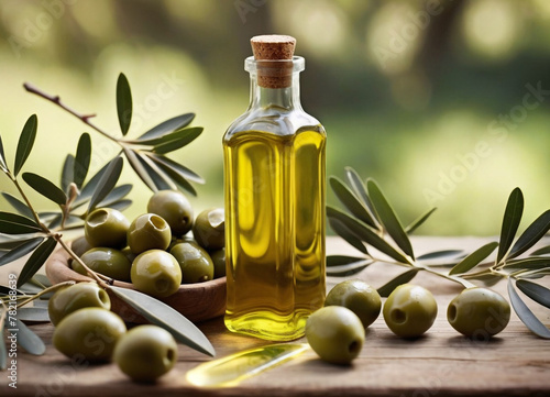 A bottle of olive oil with olives and olive branches on a wooden surface, bathed in soft, golden light.