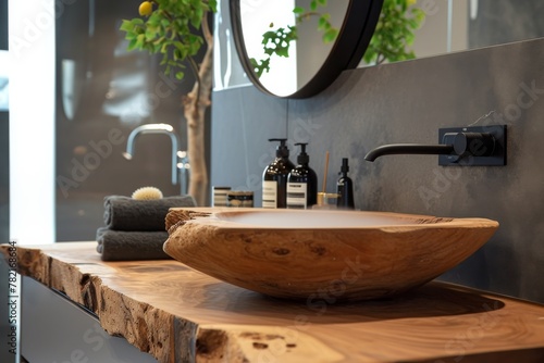 A stylish bathroom featuring a unique wooden sink, black fixtures, and premium toiletries, exuding a warm and luxurious ambiance.