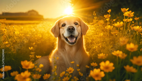 A smiling golden retriever sitting in a field of yellow wildflowers basking in the golden sunlight. The dog has a relaxed photo