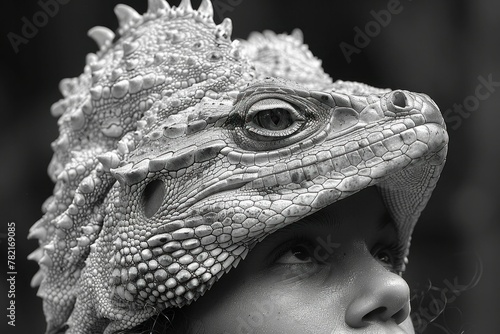 Young girl with lizard head hat posing in black and white photograph