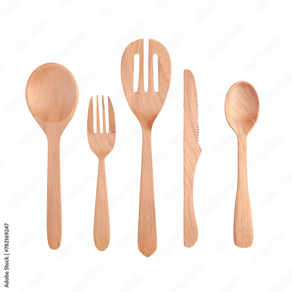 Four wooden spoons, a fork, and a knife on a transparent Four wooden spoons, a fork, and a knife on a transparent