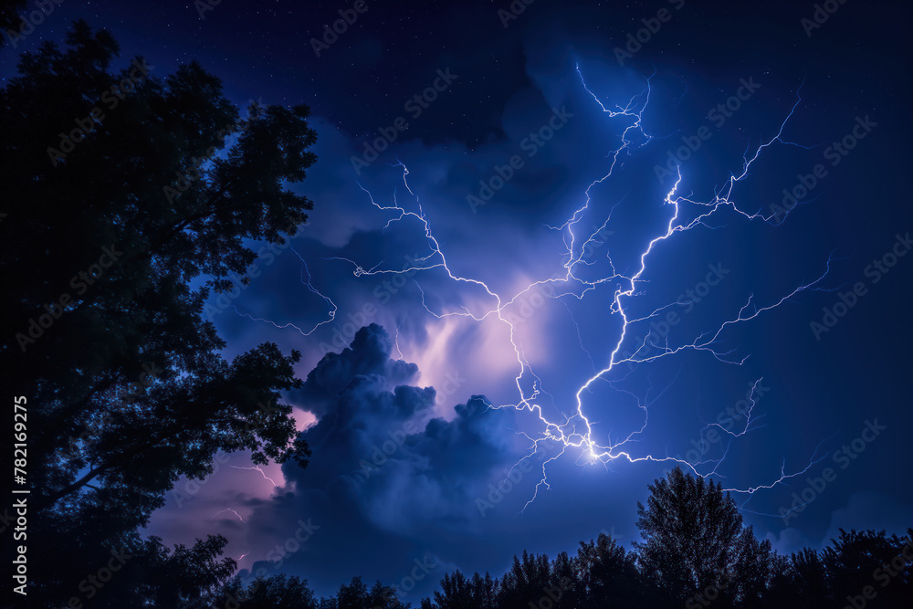 Sky is illuminated by bright lightning during thunderstorms at night AI Generative