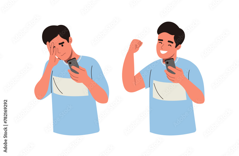Young man looking in the smartphone and experiences fear, fright, stress. Man shows a positive gesture. Flat style cartoon vector illustration. Young man looking in the smartphone and experiences fear, fright, stress. Man shows a positive gesture. Flat style cartoon vector illustration.