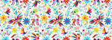 Ornate ethnic Mexican embroidery Otomi. Seamless Pattern with birds, animals and flowers on white background