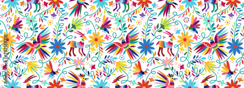 Ornate ethnic Mexican embroidery Otomi. Seamless Pattern with birds, animals and flowers on white background