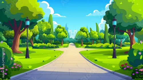 City park, summer or spring time landscape, cityscape background, empty cityscape place for walking and recreation, with green trees and grass. Cartoon modern illustration of a path through an urban