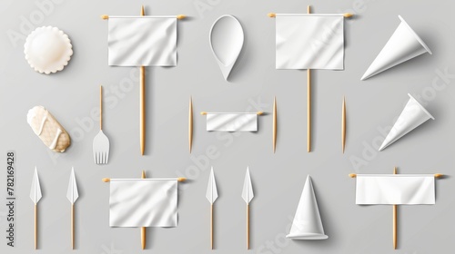 A set of realistic 3D modern icons with toothpick flags, white banners of different shapes on wooden pointed sticks. Oval, triangular, rectangular, and double edged pennants isolated on transparent photo