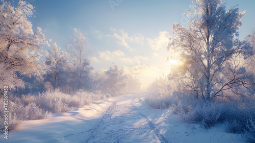 A tranquil winter scene with a path cutting through frosty trees, inviting the viewer to embark on an adventurous journey through a snowy landscape under a clear sky. © ChubbyCat