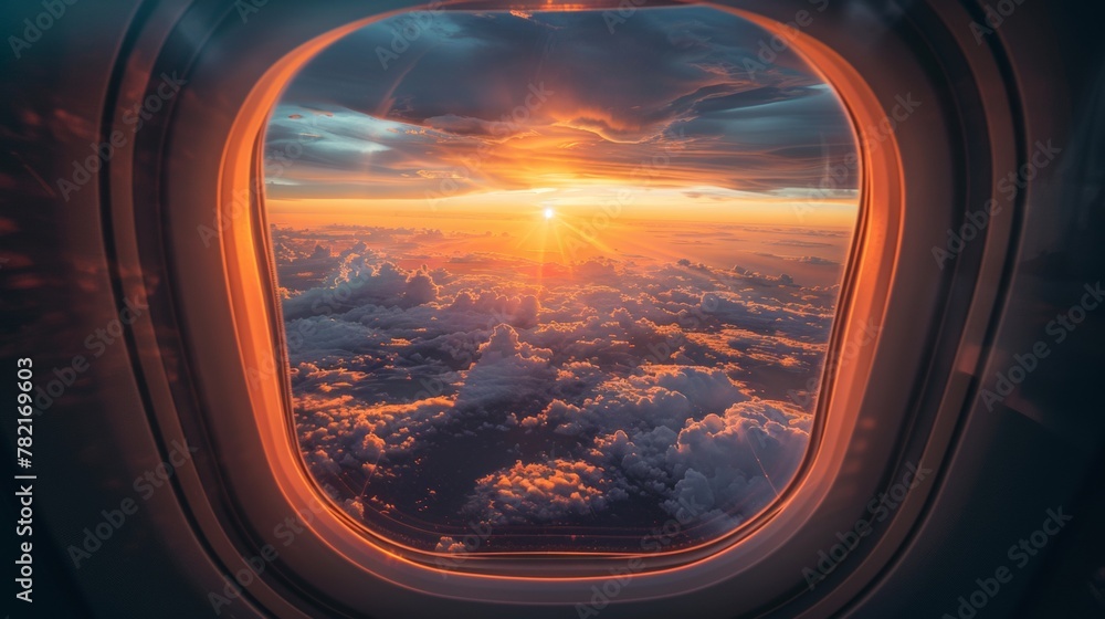 View of a dramatic sunrise through an airplane window, overlooking a cloudscape.
