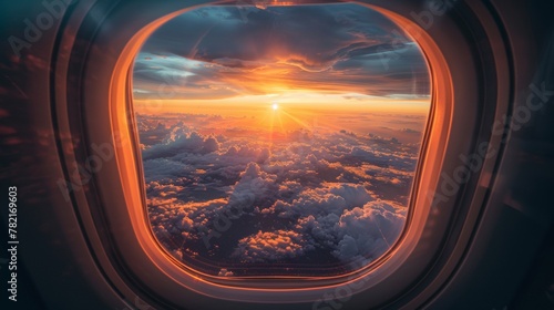 View of a dramatic sunrise through an airplane window, overlooking a cloudscape.