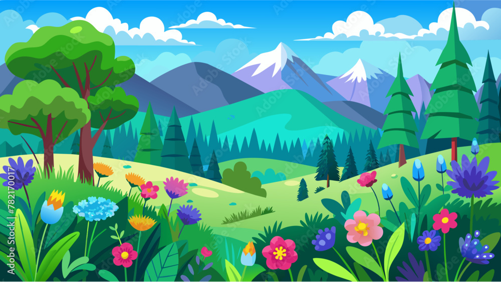 Fototapeta premium Vector summer landscape green meadow with blue sky. Colorful wild flowers blooming. Artistic drawing with green forest and natural flora.