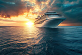 During sunset, large, contemporary cruise ship floats on ripple surface waves of ocean in beautiful manner AI Generative