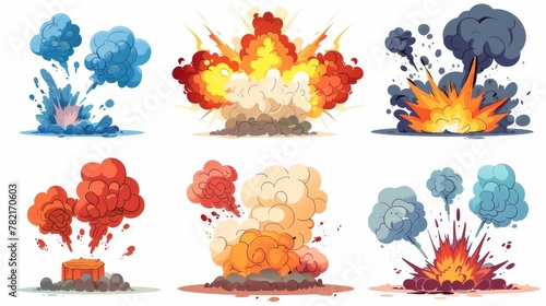 A cartoon explosion of dynamite or bomb, a fire set. Isolated modern icons of detonators for animated mobile animation. Dangerous explosives for mobile designs. Boom clouds and smoke elements for