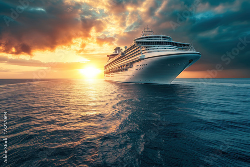 During sunset, large, contemporary cruise ship floats on ripple surface waves of ocean in beautiful manner AI Generative