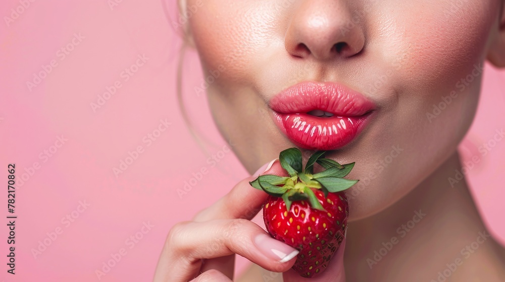 portrait of a lovely lady with half face closeup pink lips biting a fresh strawberry on pastel pink background for stock image
portrait of a lovely lady with half face closeup pink lips biting a fresh strawberry on pastel pink background for stock image