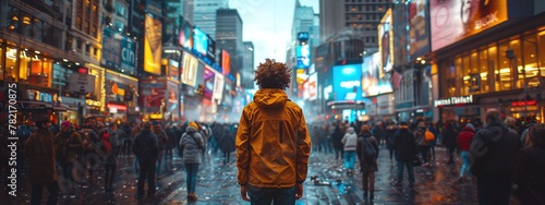 alone young man in the middle of crowded street with people passing by, urban hustle and bustle, city pedestrian rush and busy street scene, urbanite lifestyle and street motion