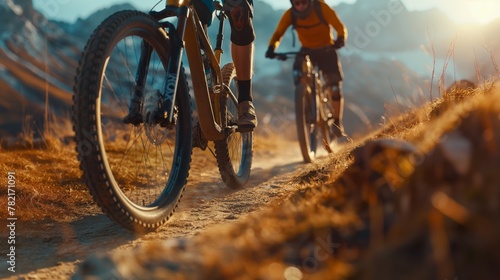 Close-up of a mountain biker riding on a dirt road in the mountains photo