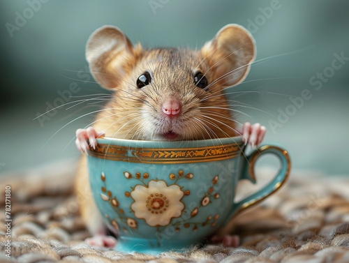 Cute rat peeking from a teacup, whiskers twitching with curiosity photo