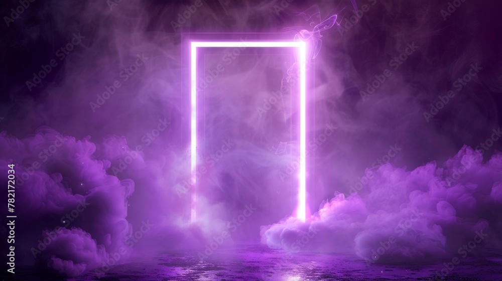 A neon rectangle frame with smoke on water surface. A glowing rectangle with magic light among soft clouds. A purple portal with vivid sparkles and flares. Realistic abstract 3D modern background.