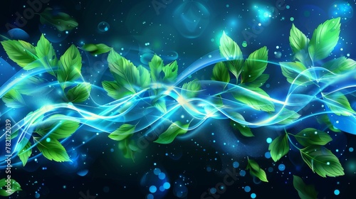 Various glowing effects, such as menthol breath, soap, wand trails, on transparent background. A realistic 3d modern illustration of freshness effect on blue air or wind flow with green leaves.