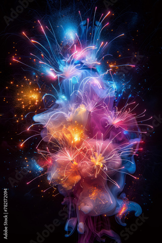 Dynamic firework display against dark sky symbolizing joy and festivities. © ChubbyCat